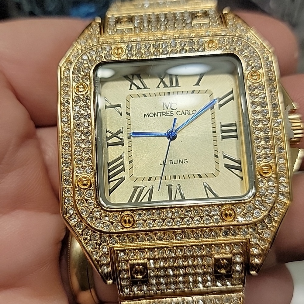 Men’s Gold Tone Iced Out Pavé MC Montres Carlo Bling Watch – Roman Numerals 45mm